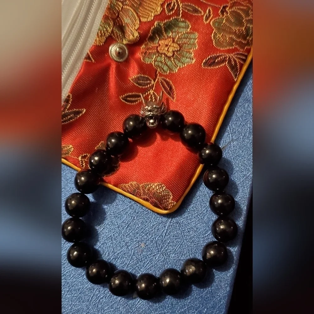 Elite Shungite Beaded Stretch Bracelet With Silver Dragon Head Charm
